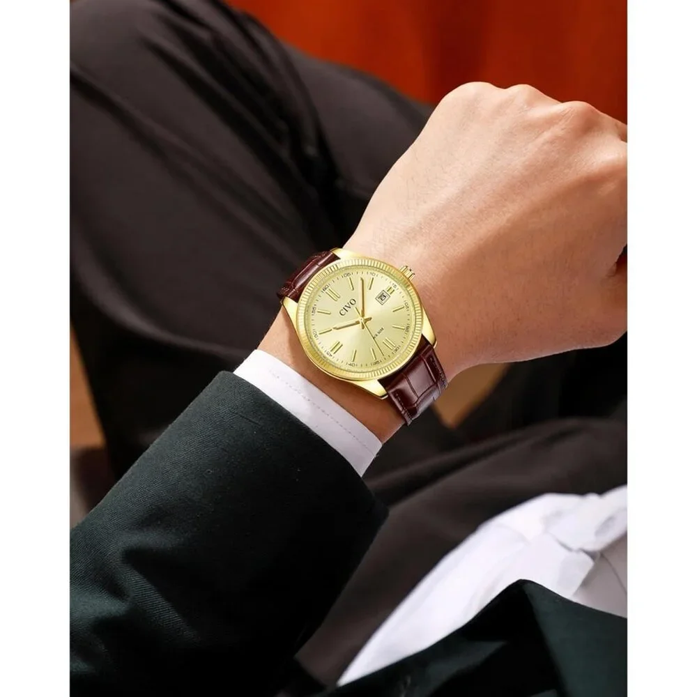 Men's Leather-Gold Stainless Steel Hook Buckle Analog Comfortable Stylish Watch